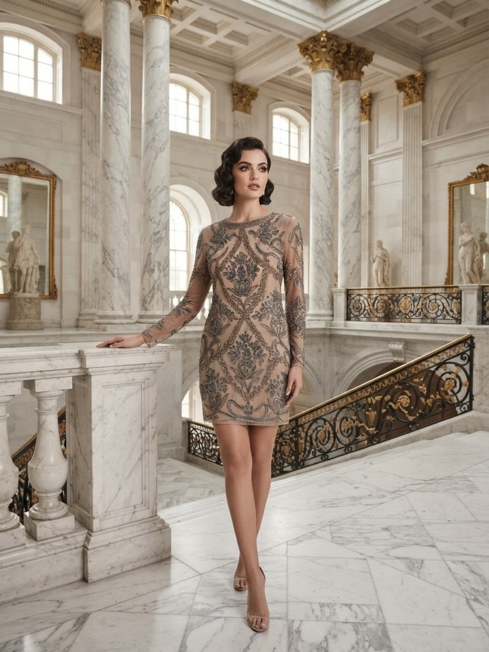 Embellished Nude Mini Dress with Long Sheer Sleeves